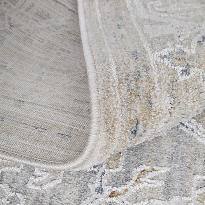 8 x 10 Ivory Taupe & Blue Oriental Power Loom Rug With Fringe