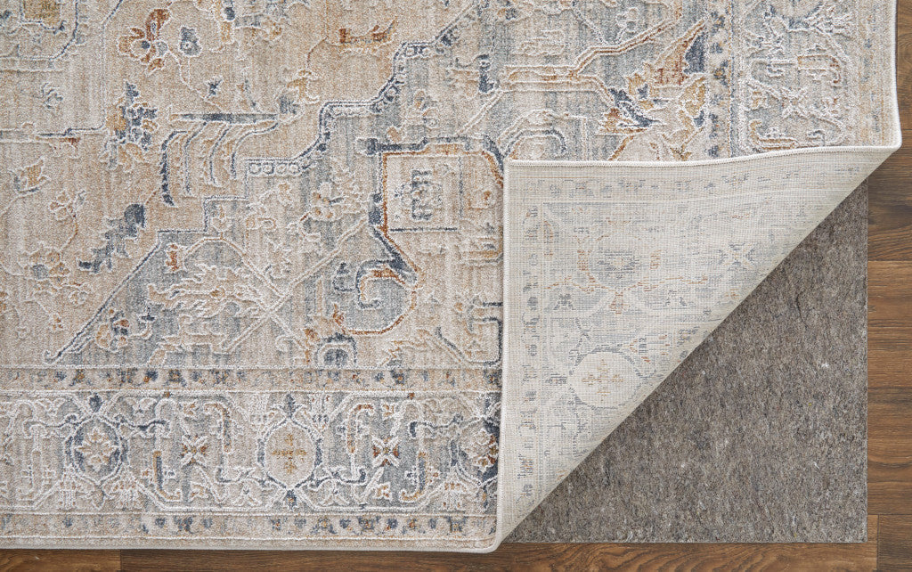 8 x 10 Ivory Taupe & Blue Oriental Power Loom Rug With Fringe