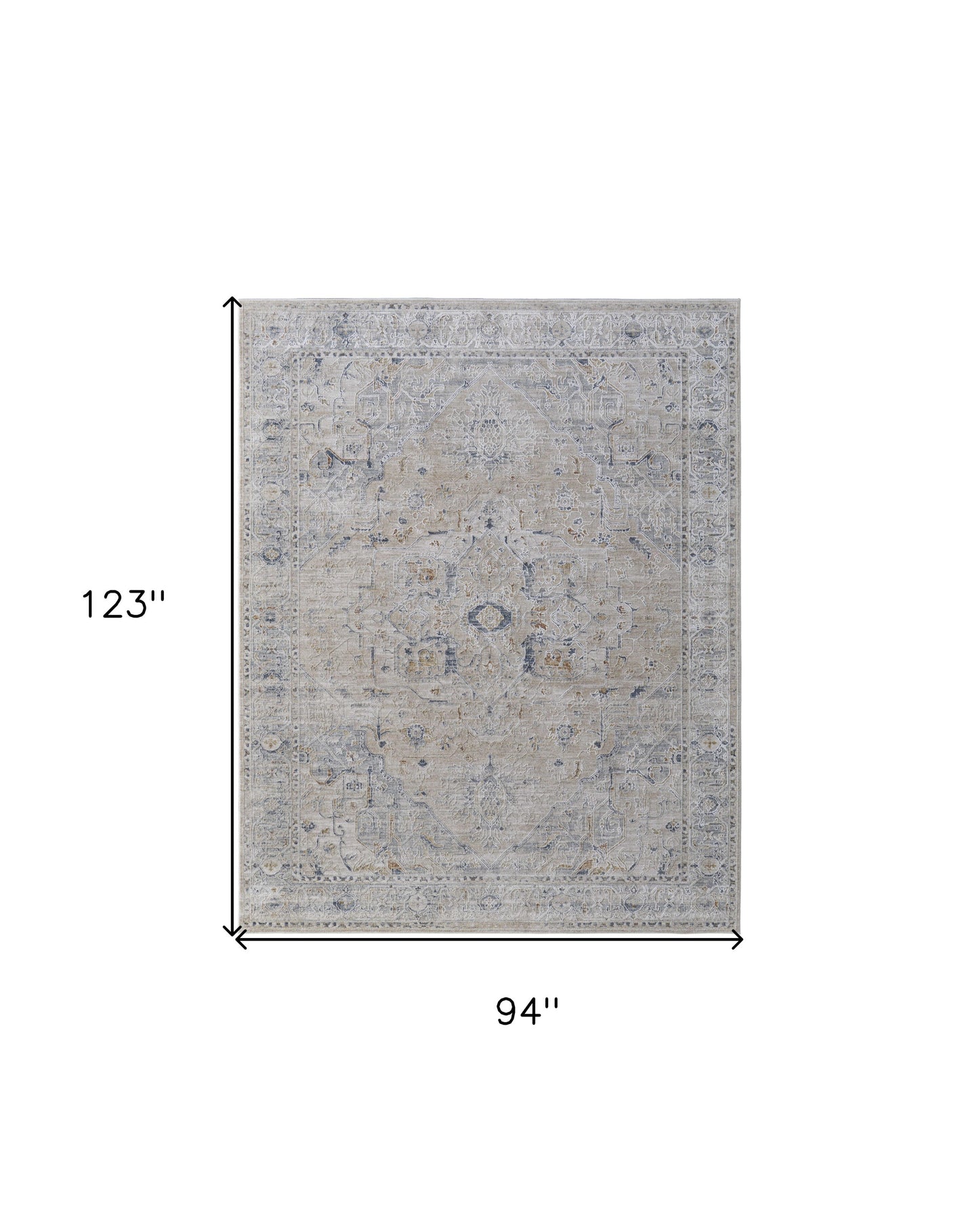 8 x 10 Ivory Taupe & Blue Oriental Power Loom Rug With Fringe