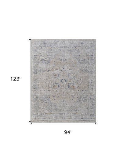 8 x 10 Ivory Taupe & Blue Oriental Power Loom Rug With Fringe