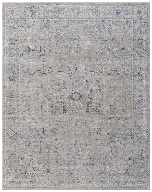 8 x 10 Ivory Taupe & Blue Oriental Power Loom Rug With Fringe