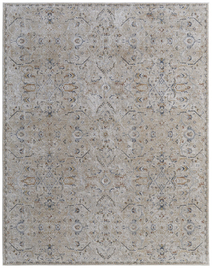 8 x 10 Ivory Taupe & Blue Power Loom Rug With Fringe