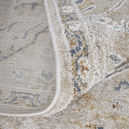 8 x 10 Ivory Taupe & Blue Power Loom Rug With Fringe
