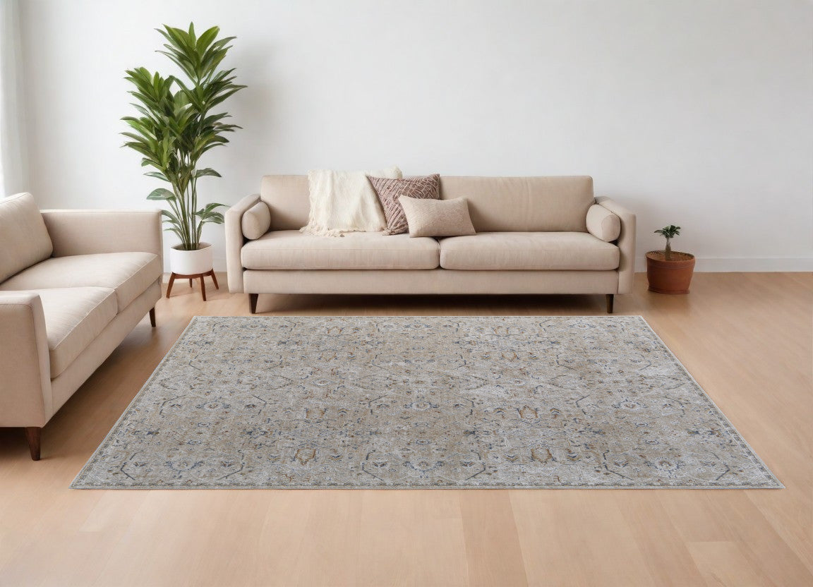 8 x 10 Ivory Taupe & Blue Power Loom Rug With Fringe