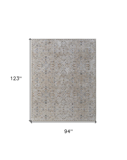 8 x 10 Ivory Taupe & Blue Power Loom Rug With Fringe