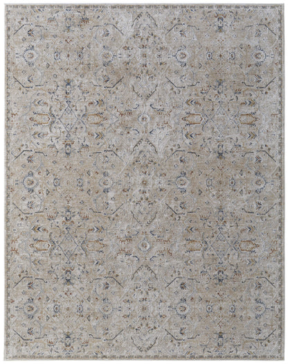 8 x 10 Ivory Taupe & Blue Power Loom Rug With Fringe