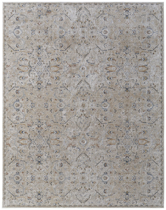 8 x 10 Ivory Taupe & Blue Power Loom Rug With Fringe
