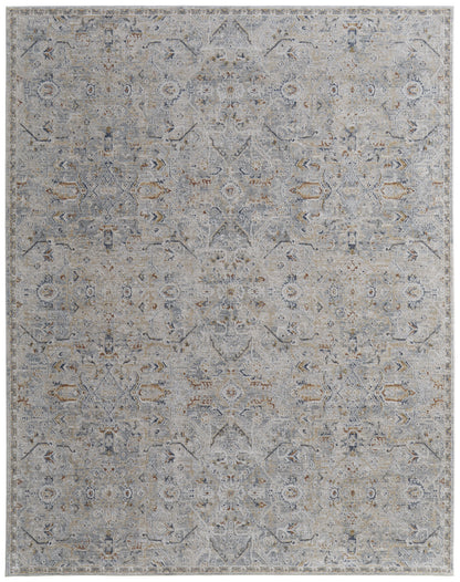 8 x 10 Ivory Tan & Blue Power Loom Rug With Fringe