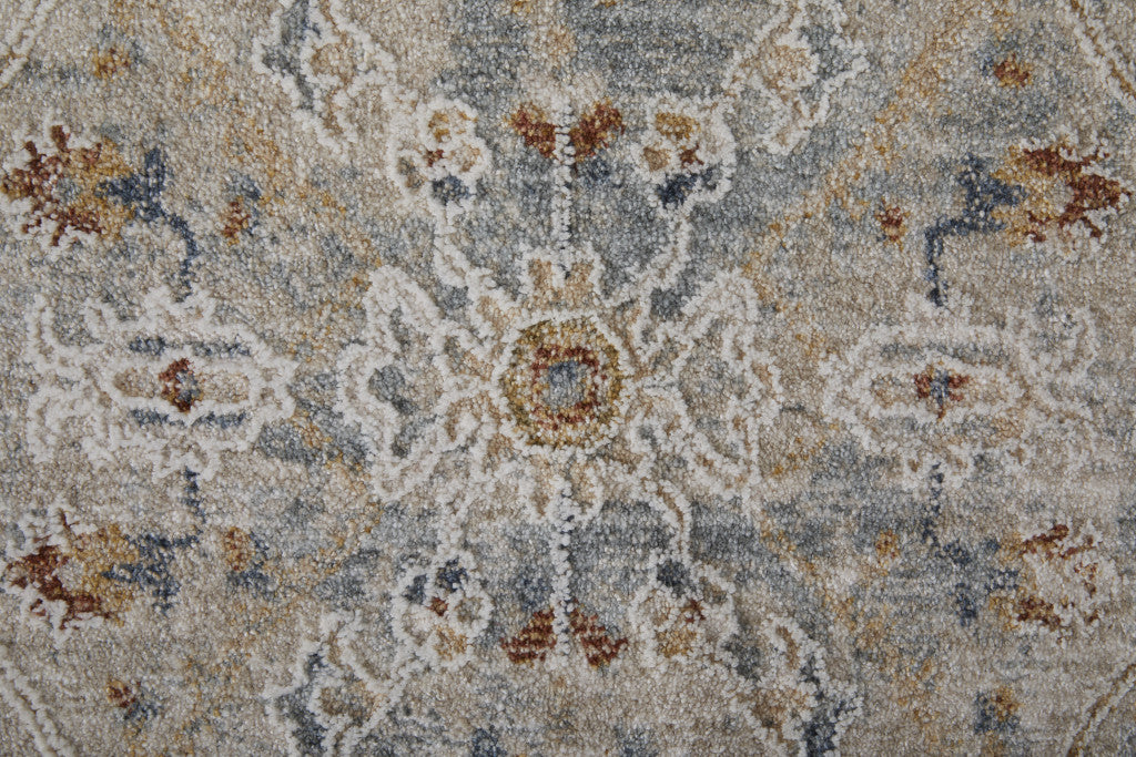 8 x 10 Ivory Tan & Blue Power Loom Rug With Fringe