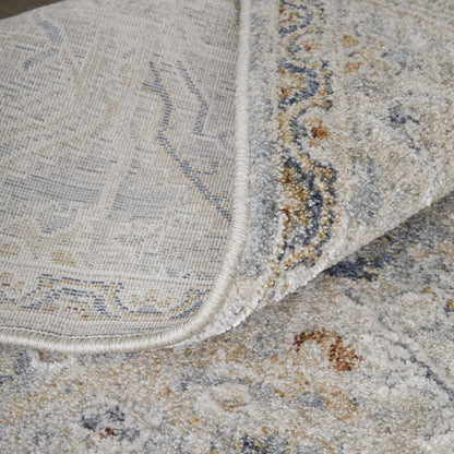 8 x 10 Ivory Tan & Blue Power Loom Rug With Fringe