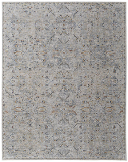 8 x 10 Ivory Tan & Blue Power Loom Rug With Fringe