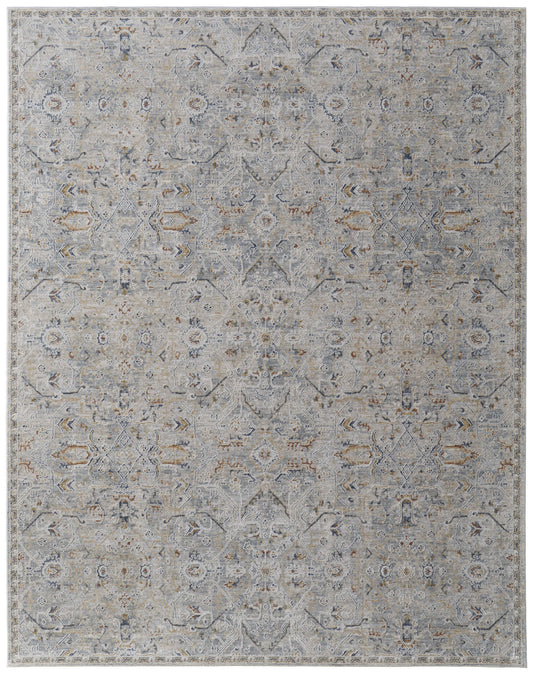 8 x 10 Ivory Tan & Blue Power Loom Rug With Fringe