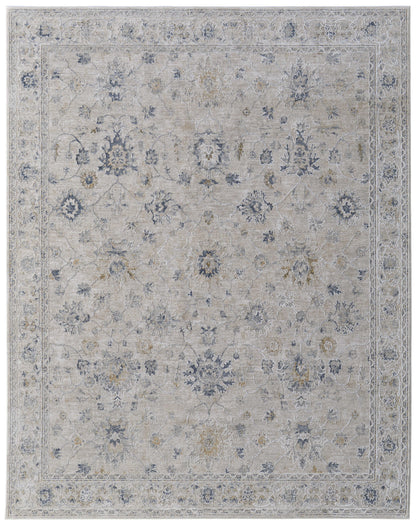 8 x 10 Ivory Taupe & Blue Floral Power Loom Rug With Fringe