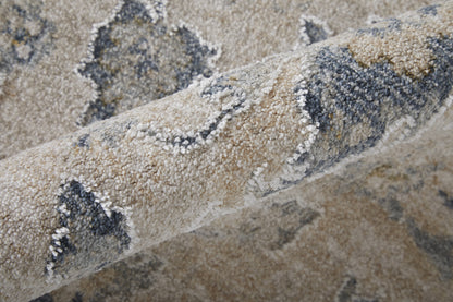 8 x 10 Ivory Taupe & Blue Floral Power Loom Rug With Fringe