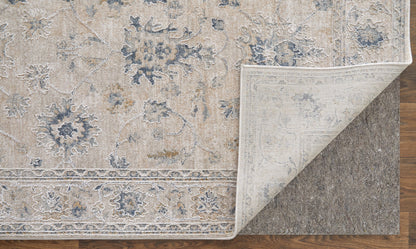 8 x 10 Ivory Taupe & Blue Floral Power Loom Rug With Fringe