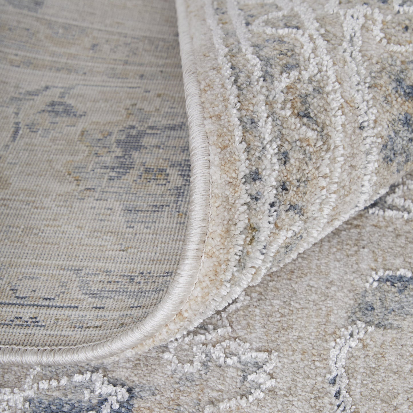 8 x 10 Ivory Taupe & Blue Floral Power Loom Rug With Fringe