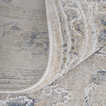 8 x 10 Ivory Taupe & Blue Floral Power Loom Rug With Fringe