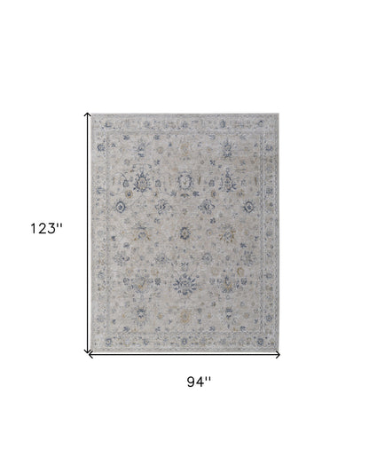8 x 10 Ivory Taupe & Blue Floral Power Loom Rug With Fringe