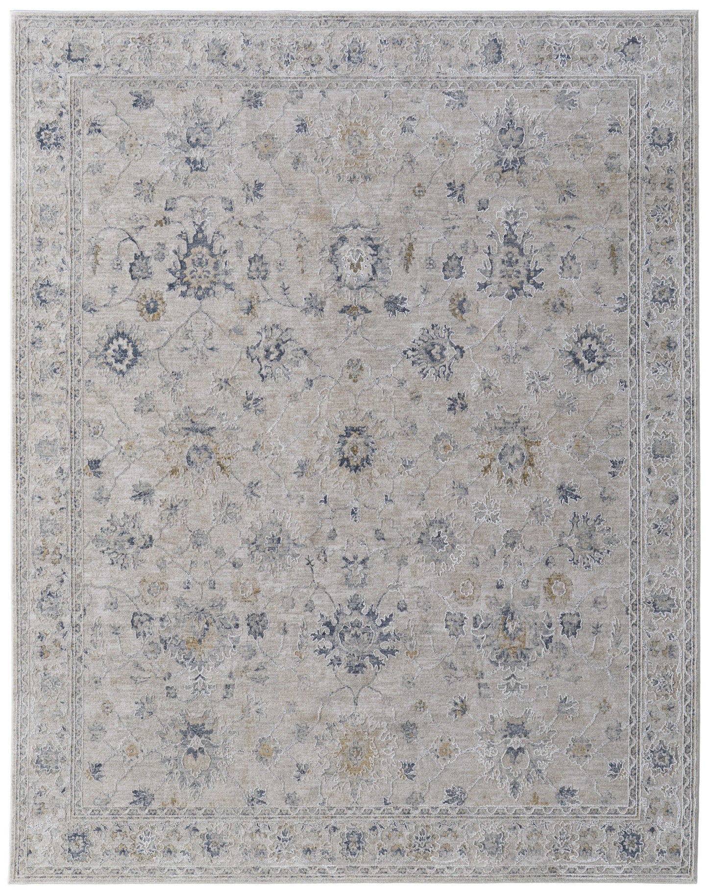 8 x 10 Ivory Taupe & Blue Floral Power Loom Rug With Fringe