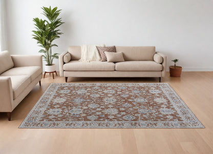 8 x 10 Red Blue & Ivory Floral Power Loom Rug With Fringe