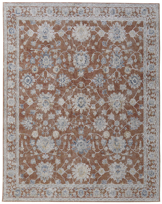8 x 10 Red Blue & Ivory Floral Power Loom Rug With Fringe