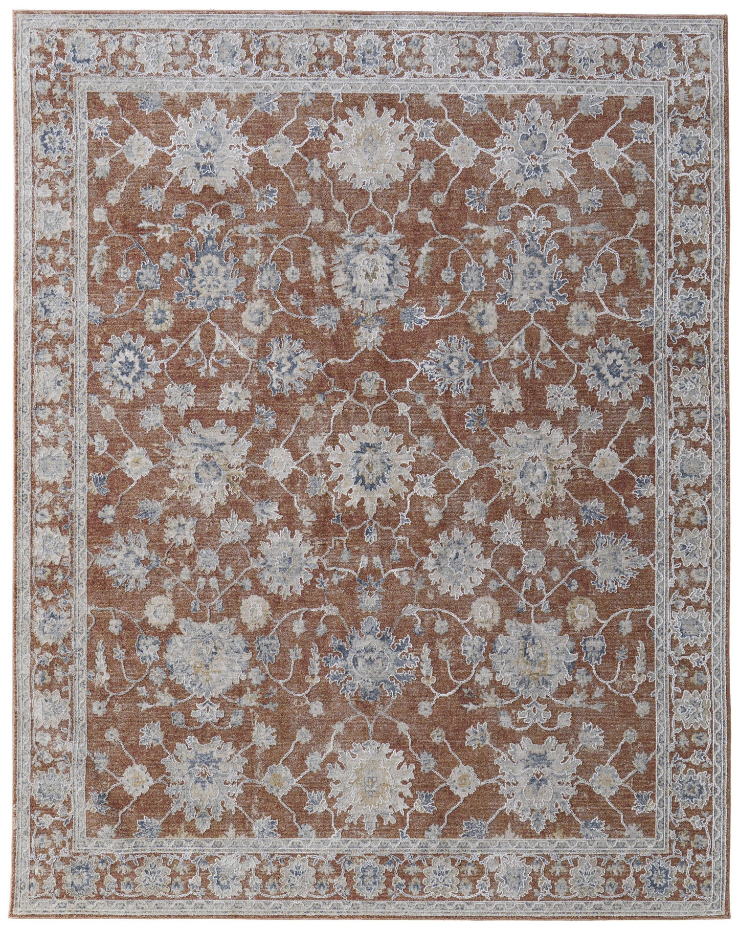 8 x 10 Red Blue & Ivory Floral Power Loom Rug With Fringe