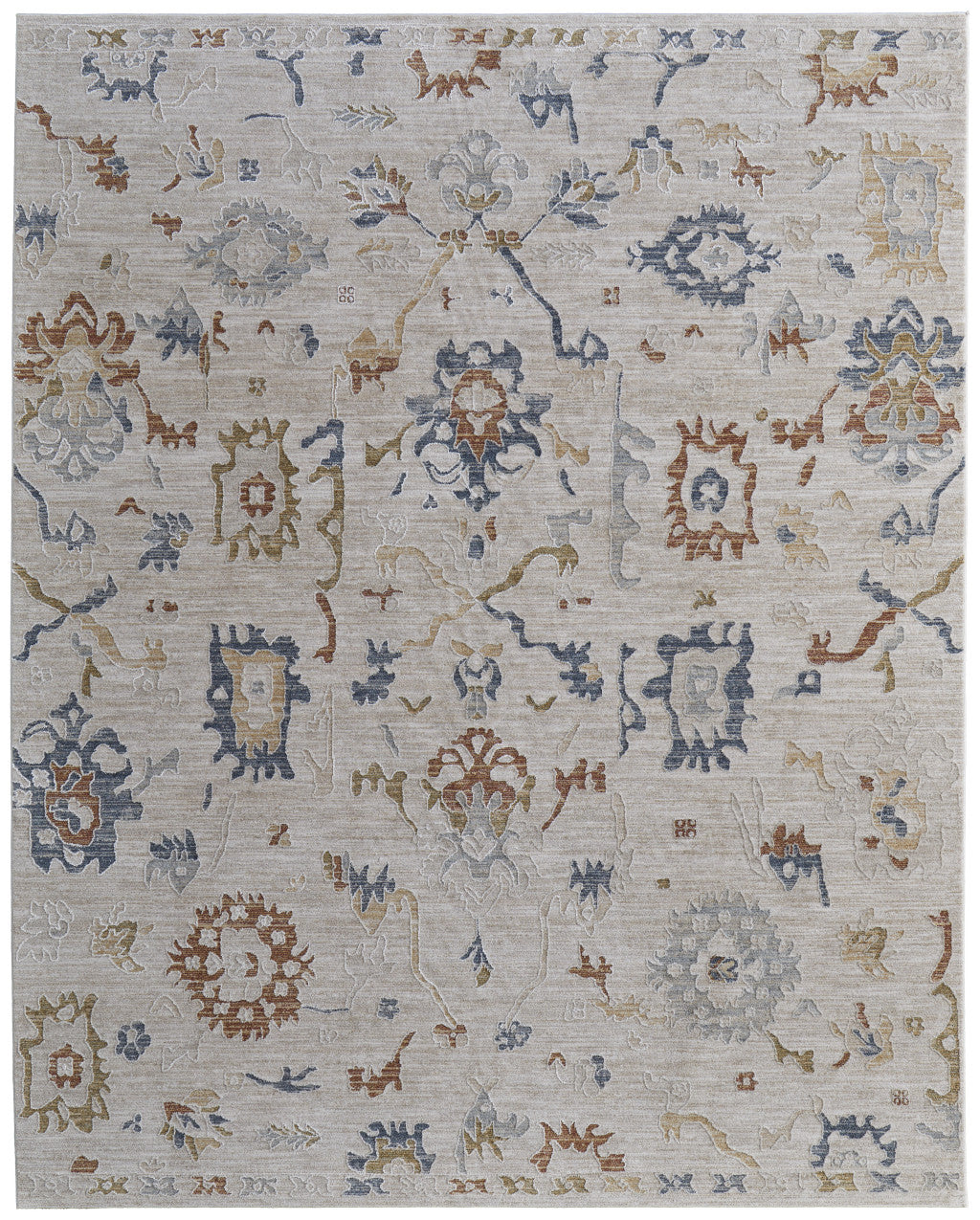 8 x 10 Ivory Blue & Gold Floral Power Loom Rug With Fringe