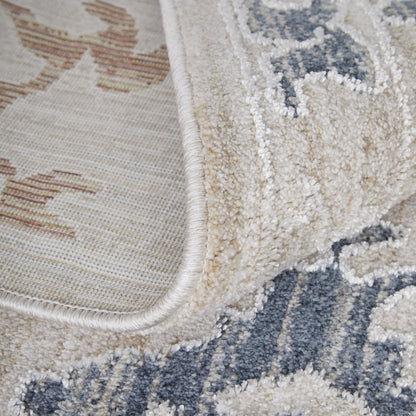 8 x 10 Ivory Blue & Gold Floral Power Loom Rug With Fringe