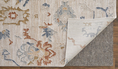 8 x 10 Ivory Blue & Gold Floral Power Loom Rug With Fringe