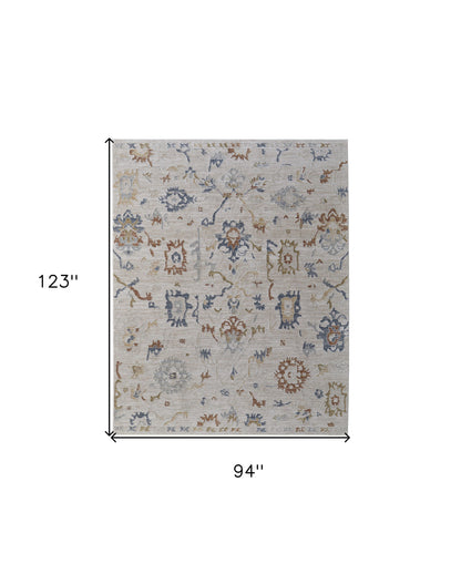 8 x 10 Ivory Blue & Gold Floral Power Loom Rug With Fringe
