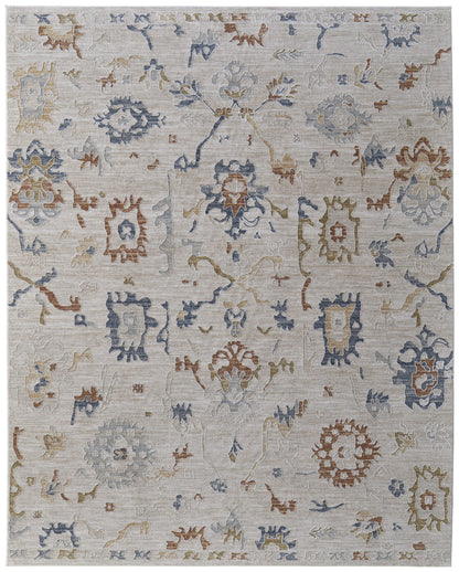 8 x 10 Ivory Blue & Gold Floral Power Loom Rug With Fringe