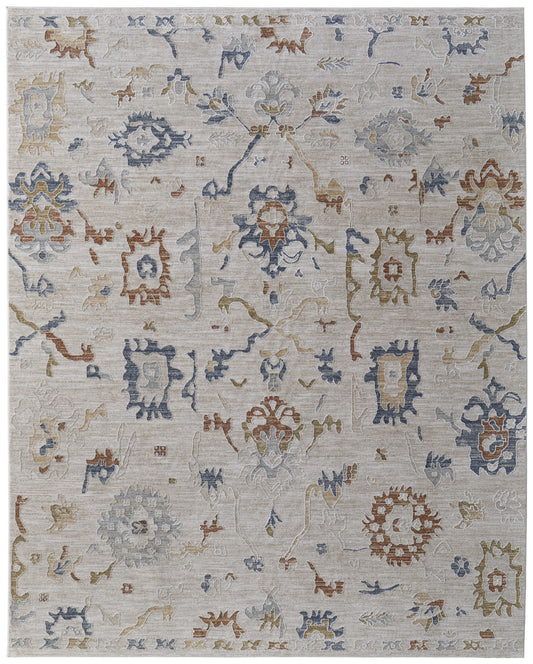 8 x 10 Ivory Blue & Gold Floral Power Loom Rug With Fringe