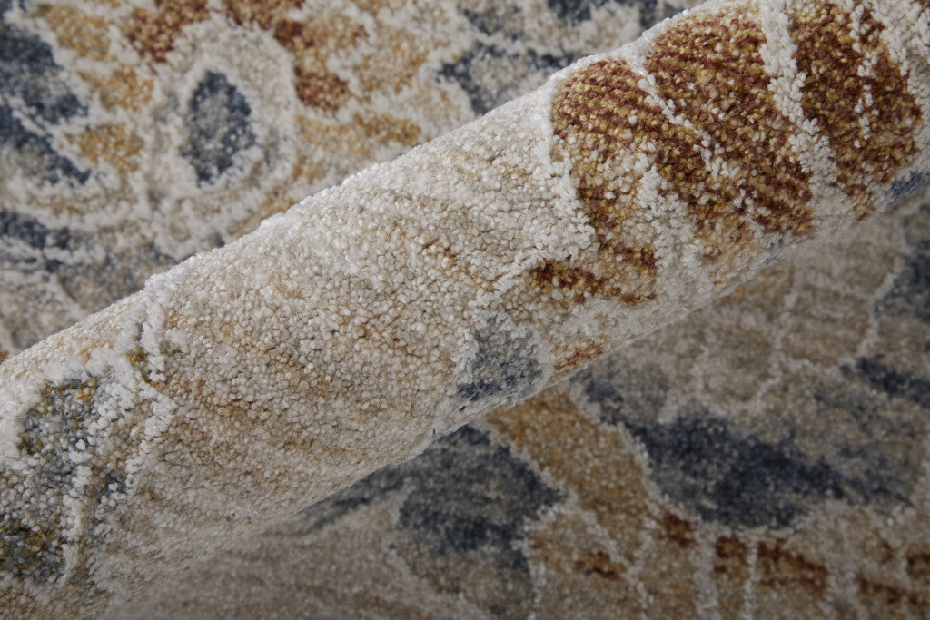 8 x 10 Ivory Taupe & Blue Floral Power Loom Rug With Fringe