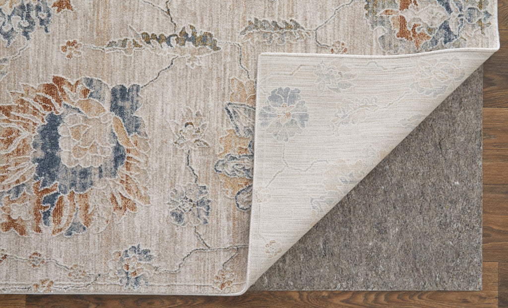 8 x 10 Ivory Taupe & Blue Floral Power Loom Rug With Fringe