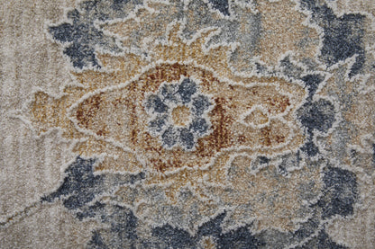 8 x 10 Ivory Taupe & Blue Floral Power Loom Rug With Fringe