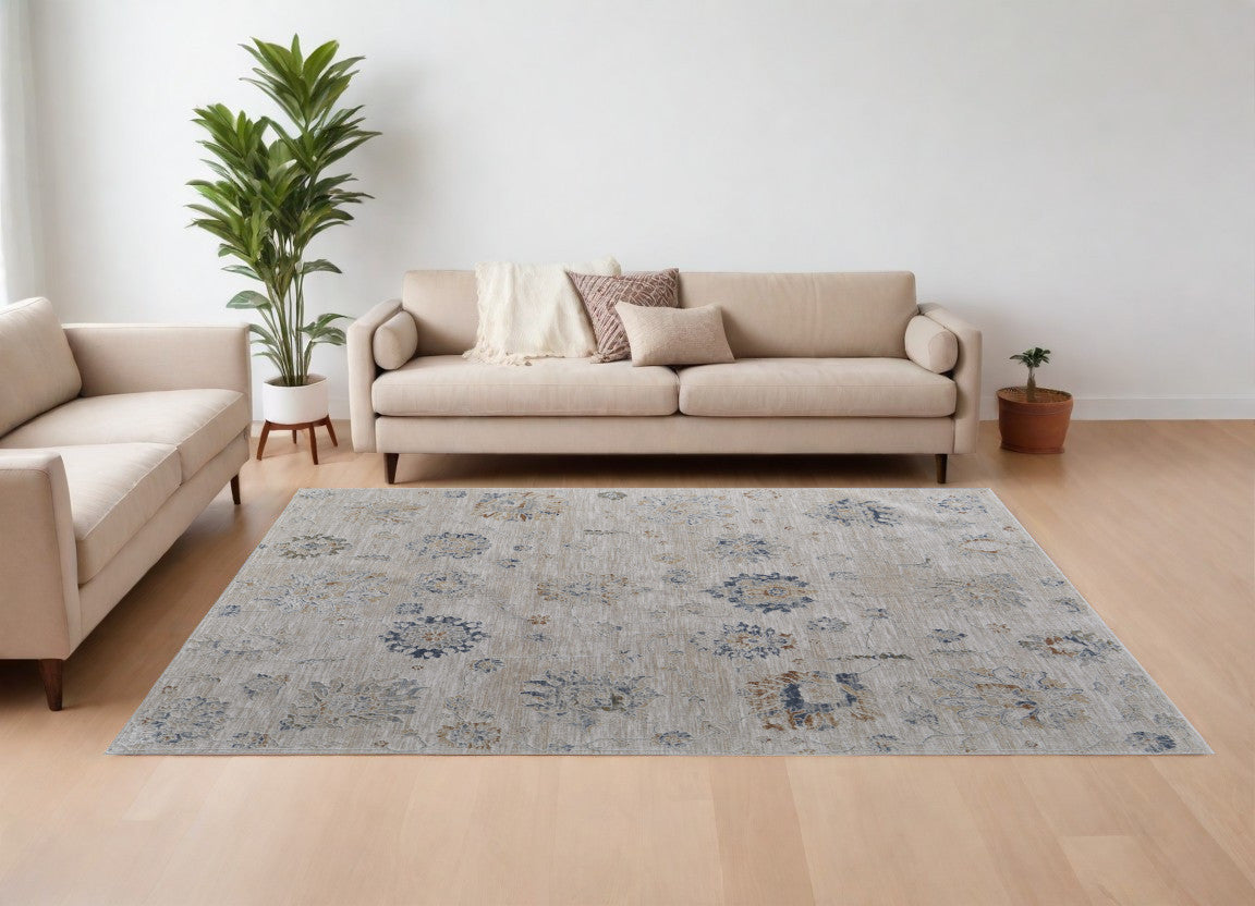 8 x 10 Ivory Taupe & Blue Floral Power Loom Rug With Fringe