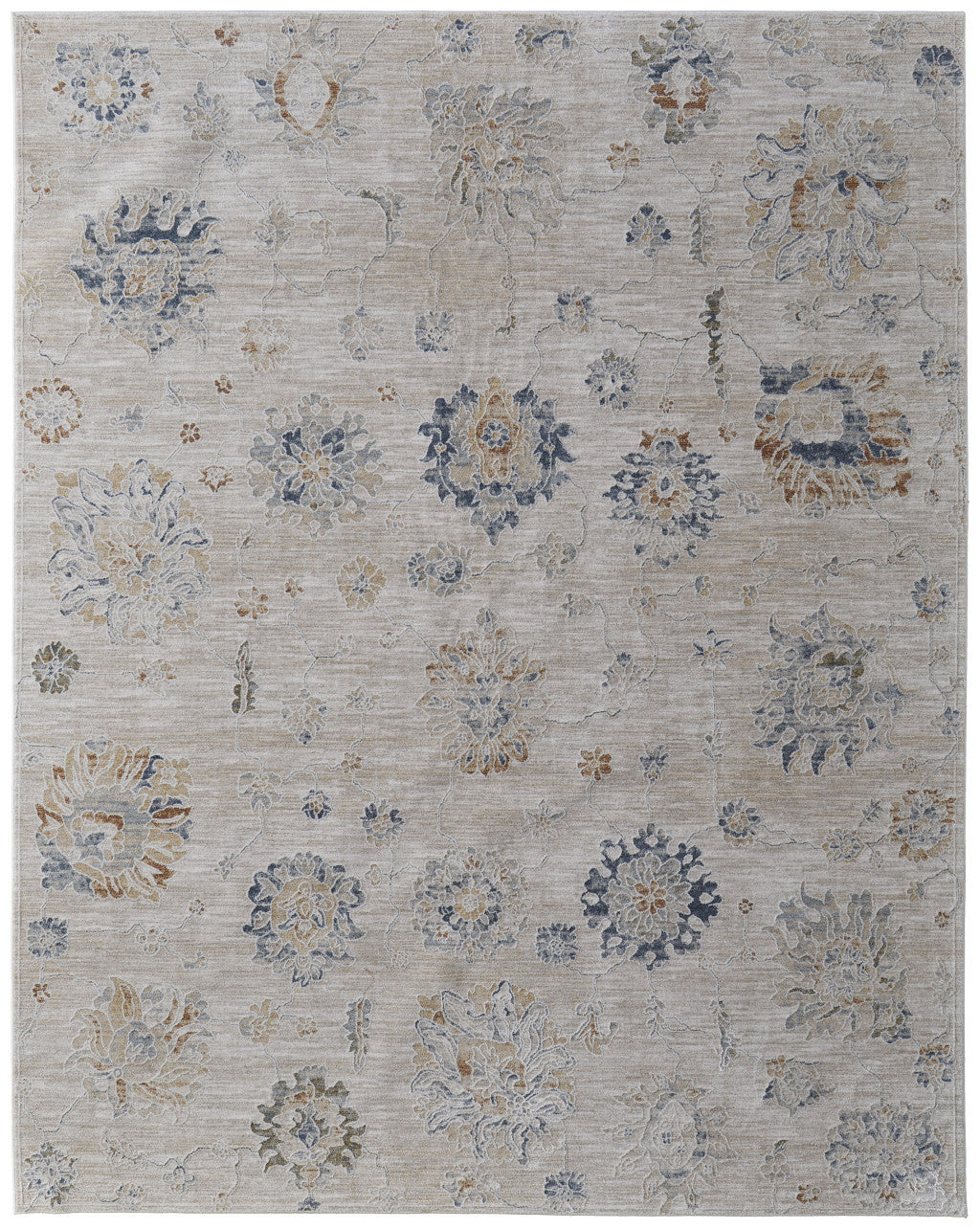 8 x 10 Ivory Taupe & Blue Floral Power Loom Rug With Fringe