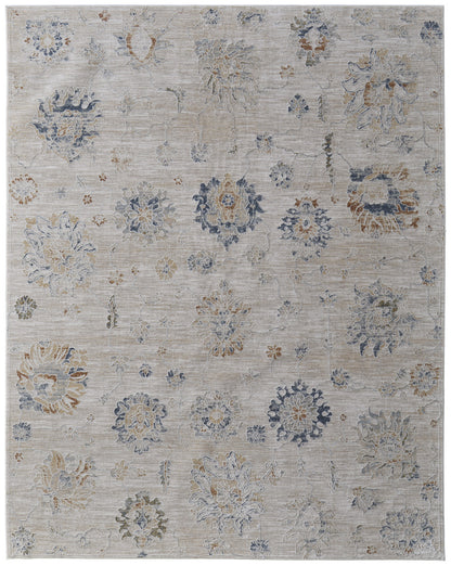 8 x 10 Ivory Taupe & Blue Floral Power Loom Rug With Fringe