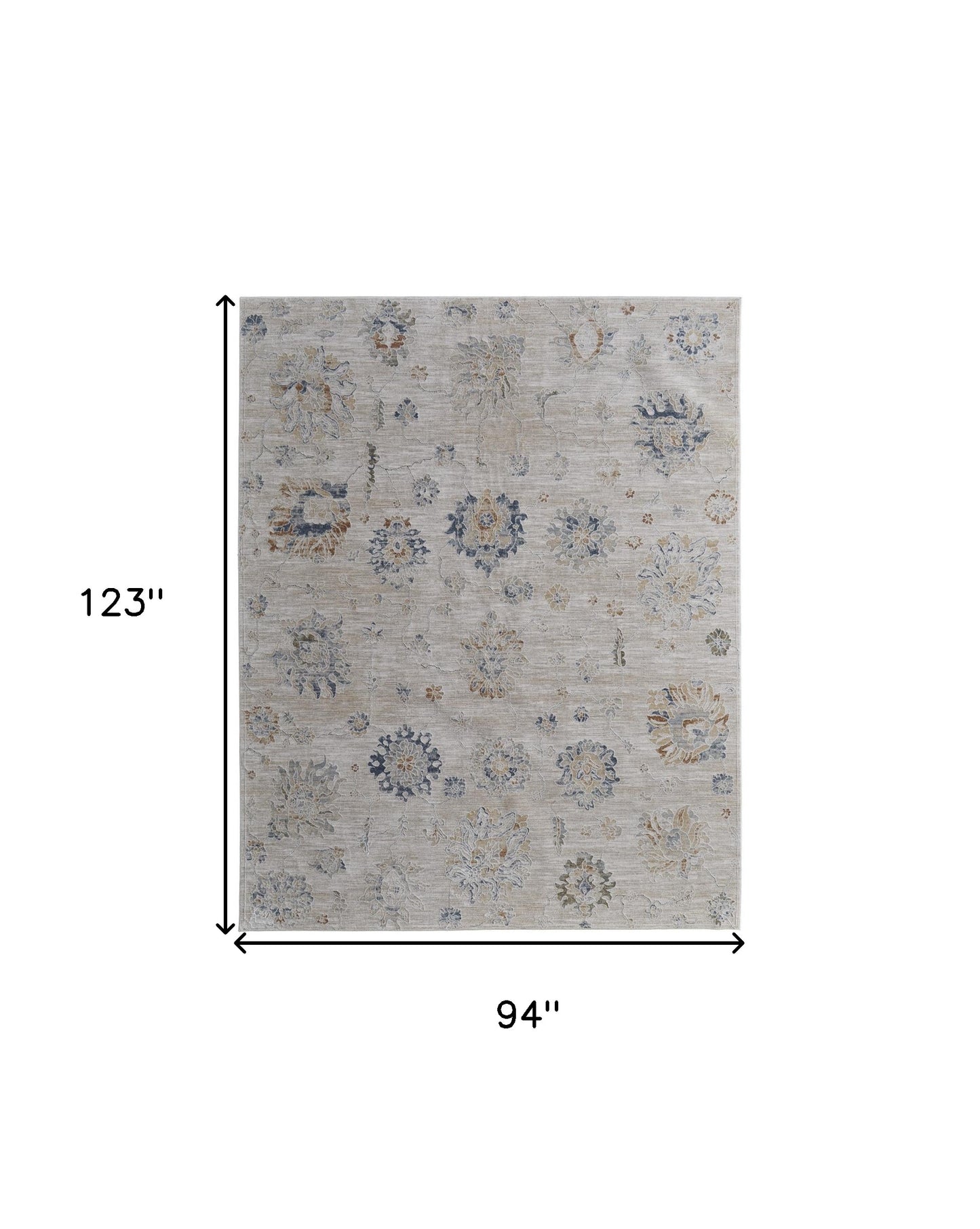 8 x 10 Ivory Taupe & Blue Floral Power Loom Rug With Fringe