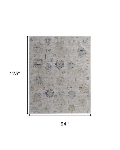 8 x 10 Ivory Taupe & Blue Floral Power Loom Rug With Fringe