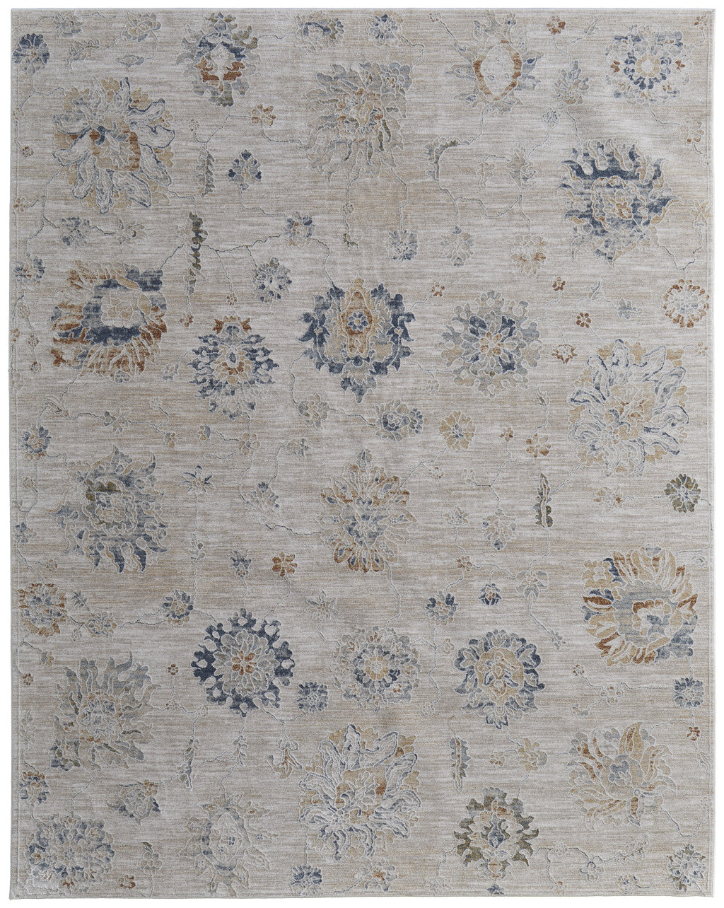 8 x 10 Ivory Taupe & Blue Floral Power Loom Rug With Fringe