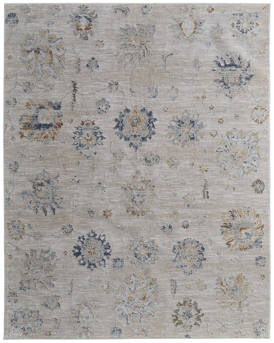 8 x 10 Ivory Taupe & Blue Floral Power Loom Rug With Fringe