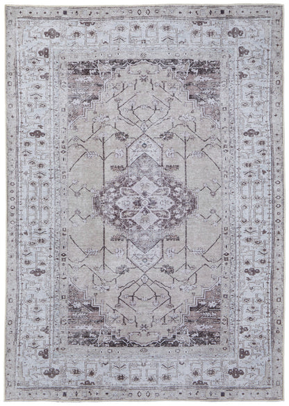 9 x 12 Gray Tan & Ivory Oriental Power Loom Washable Rug