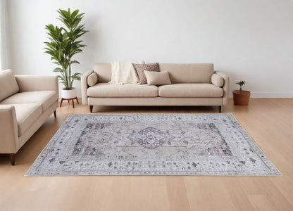 9 x 12 Gray Tan & Ivory Oriental Power Loom Washable Rug