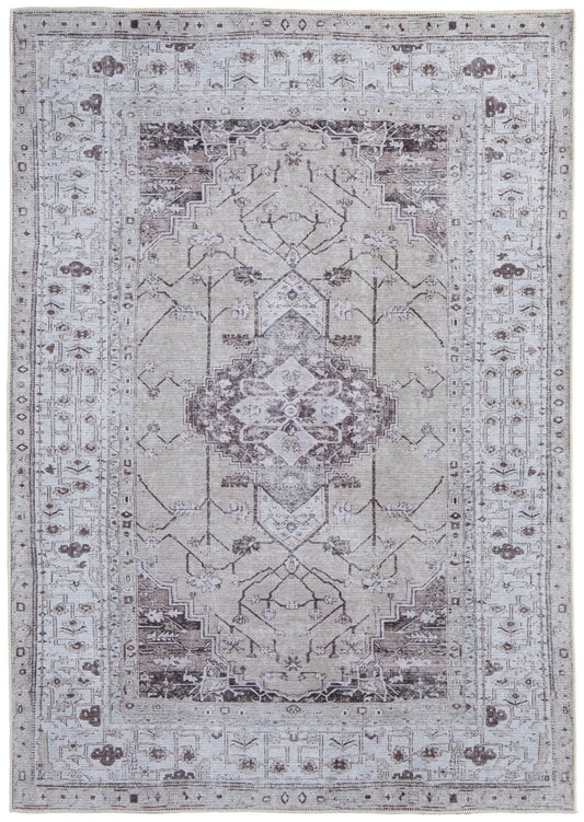 9 x 12 Gray Tan & Ivory Oriental Power Loom Washable Rug