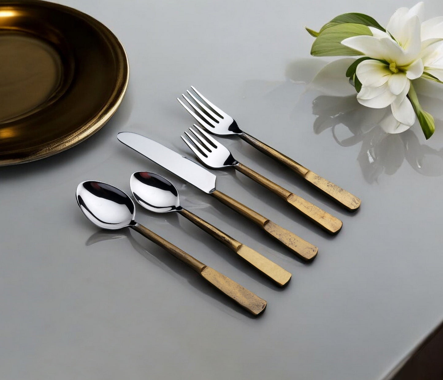 Matte Gold Stainless Steel 5-Piece Hand Forged Place Setting