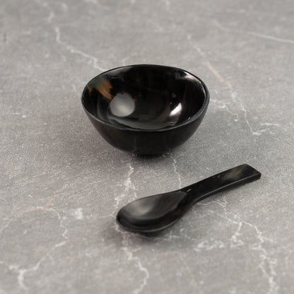 Black Horn Round Candy or Nut Bowl w/ Mini Spoon