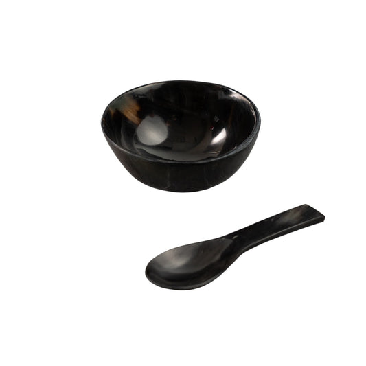 Black Horn Round Candy or Nut Bowl w/ Mini Spoon