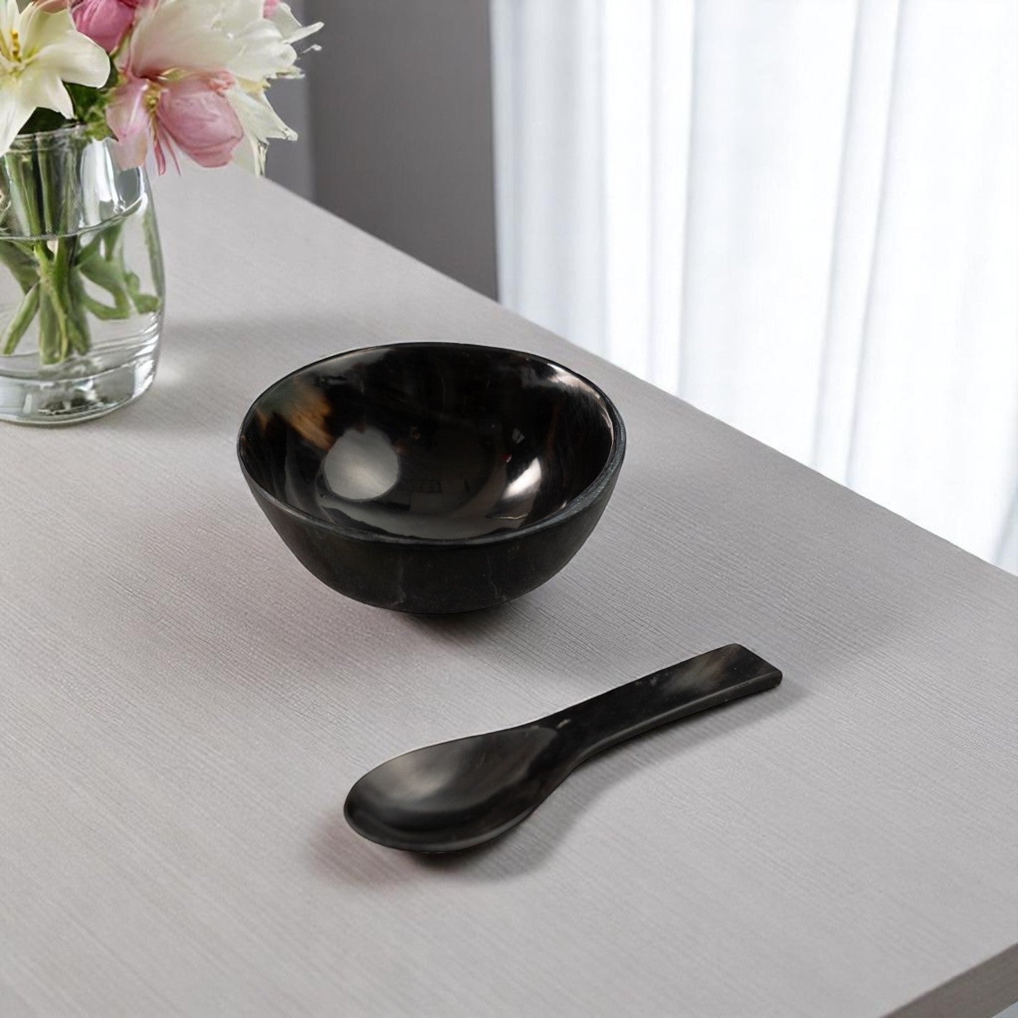 Black Horn Round Candy or Nut Bowl w/ Mini Spoon