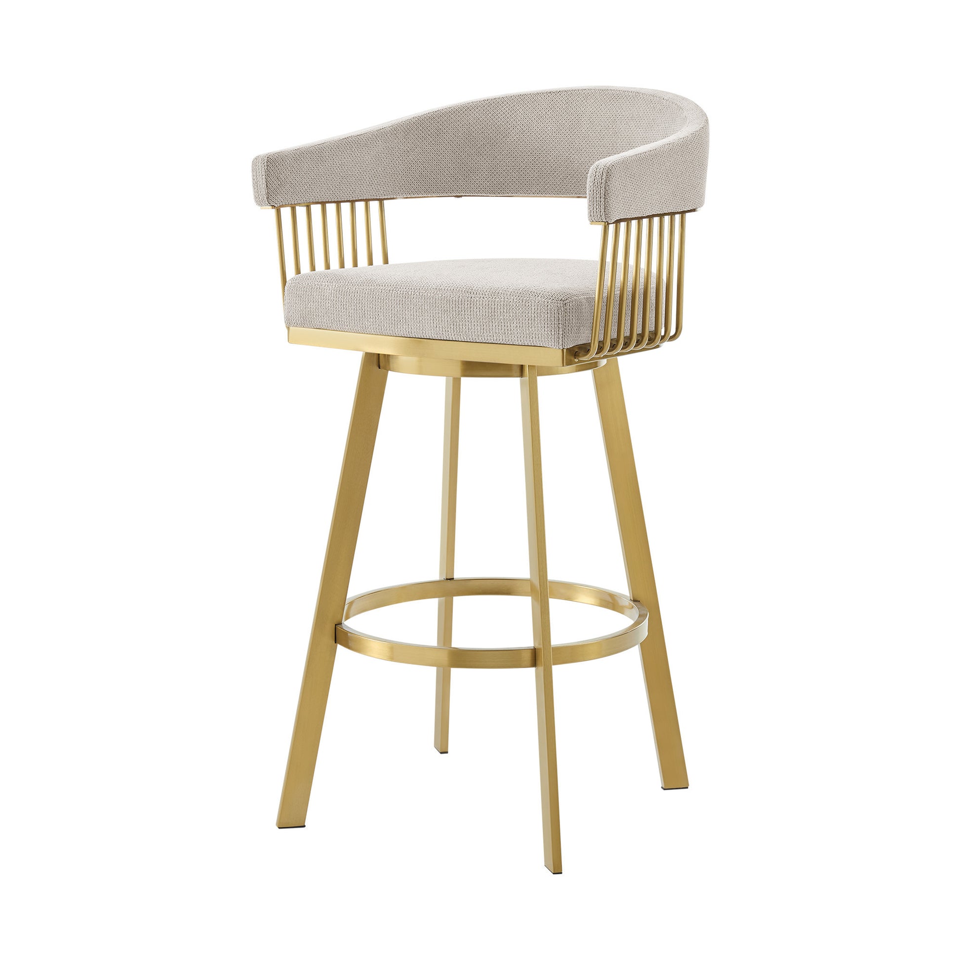 Taupe & Gold Fabric & Stainless Steel Low Back Counter Height Swivel Bar Chair